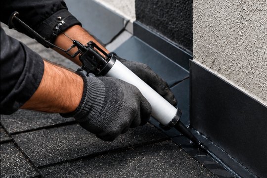 Roofer sealing a chimney flashing joint